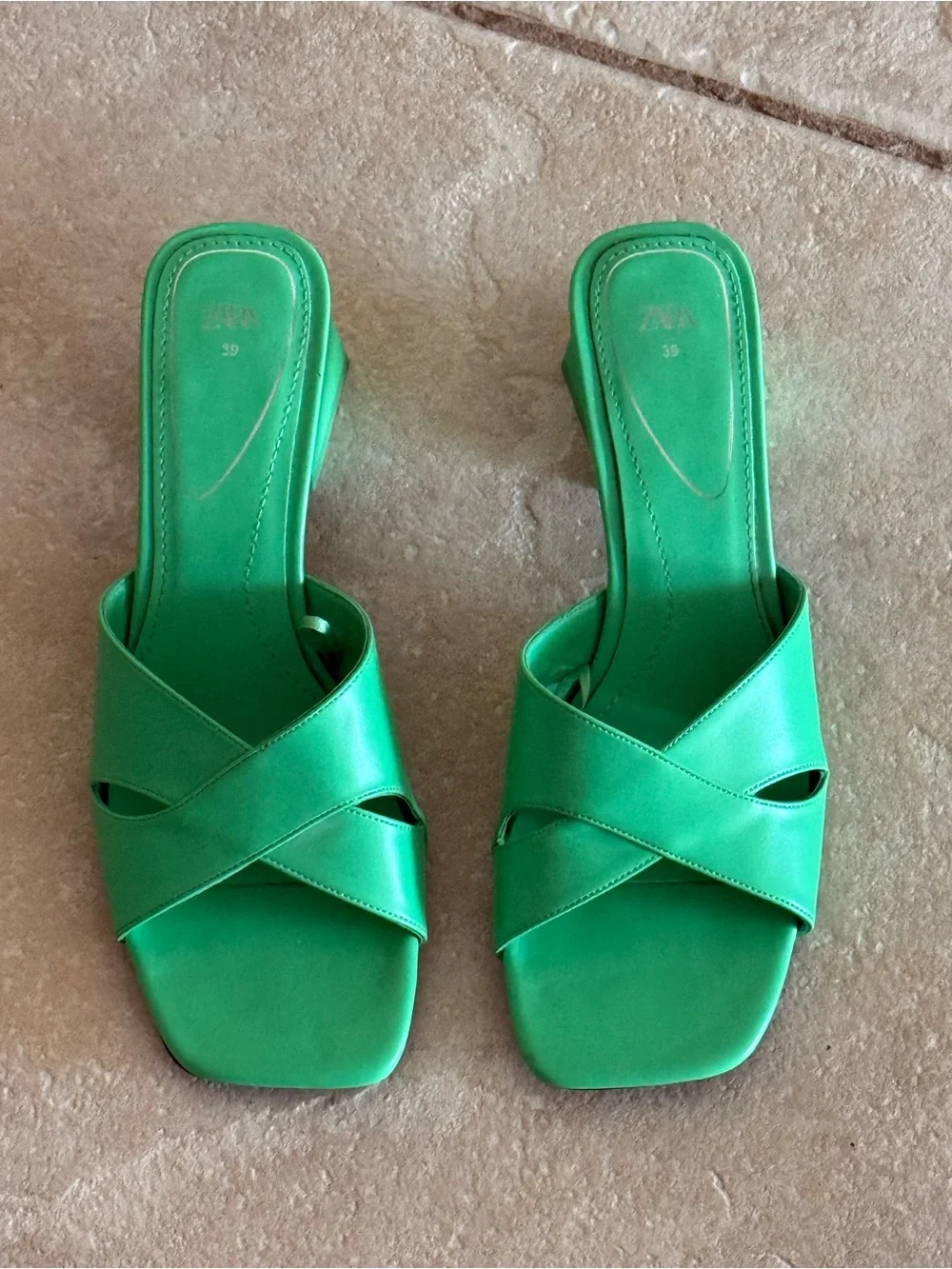 Zara- Green Cross-Strap Slide Sandals - Women's